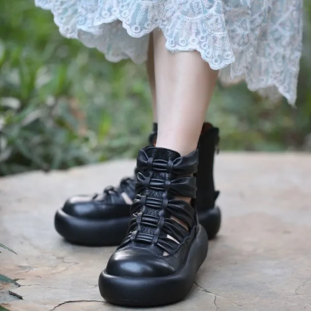 

Женские ботинки Birkuir в стиле ретро с круглым носком и открытым носком, короткие ботинки из натуральной кожи на плоской платформе с высоким берцем и толстым каблуком