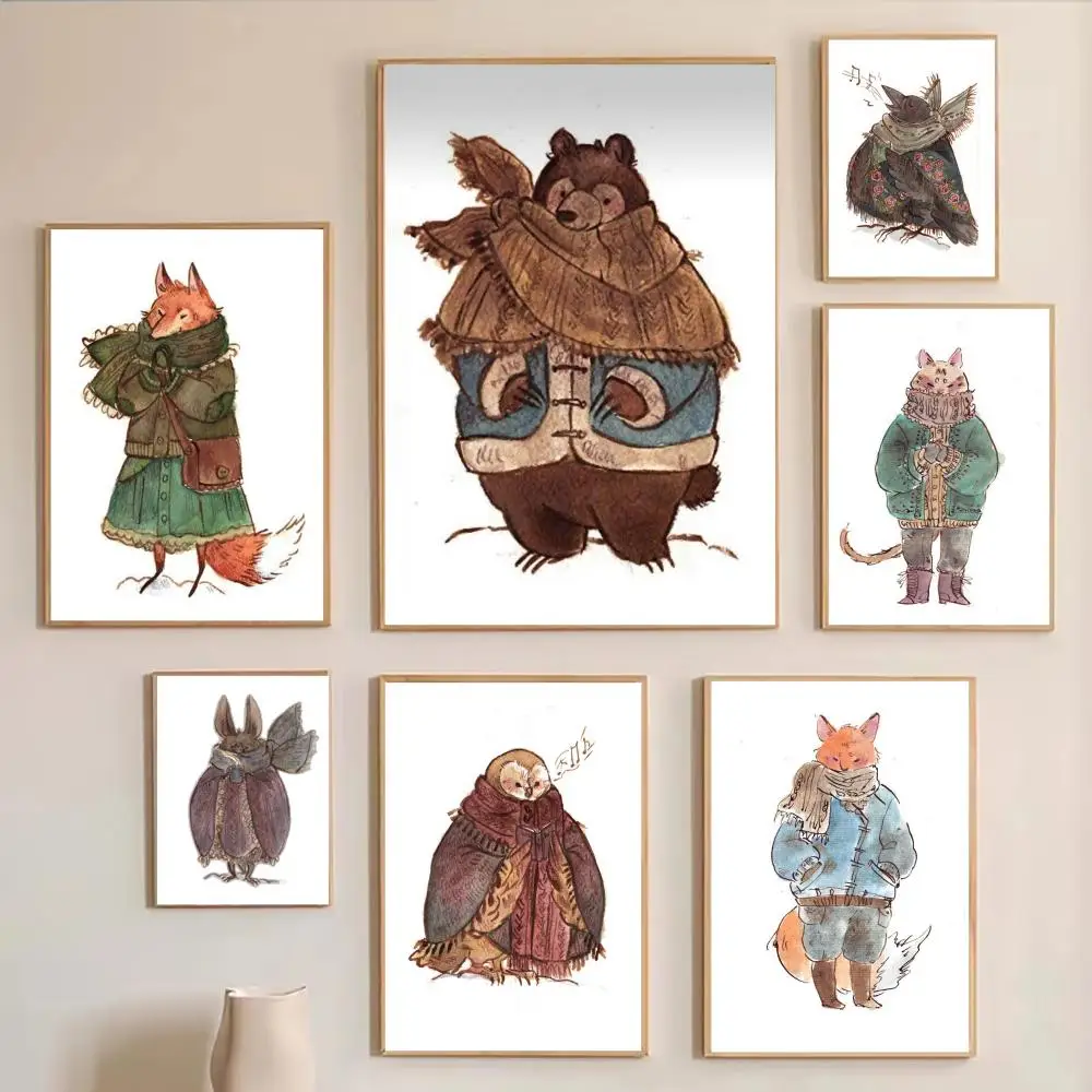 Vintage Watercolor Forest Animals Poster Set, Cute Rabbit Fox Bear Owl Wall Art Print, Cottagecore Aesthetic Room Decor