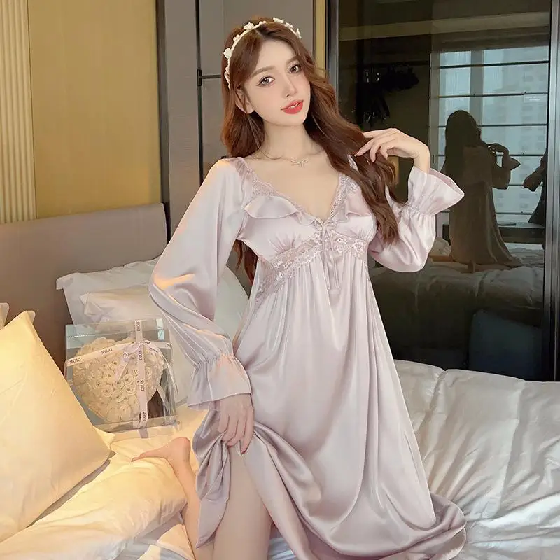 Women Long Nightgown Elegant Lace Ruffles Sleeve Sleepwear Silk Rayon Home Dressing Gown Hollow Out Nightwear Loungewear