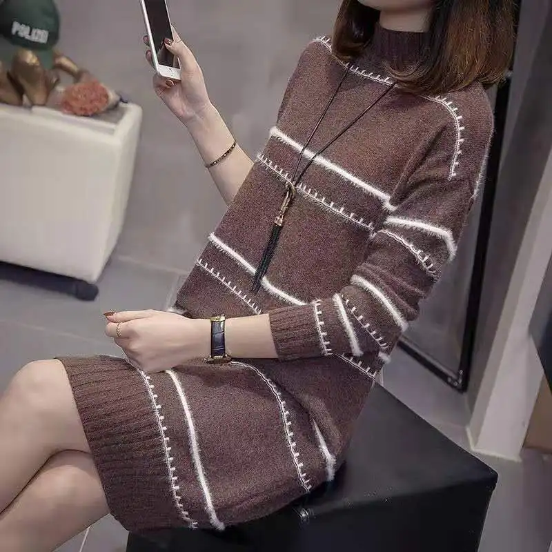 2024 Autumn Winter New Sweater Women Loose Knitted Bottom Shirt Women Half High Collar Pullover Mid Long Woolen Dress Versatile