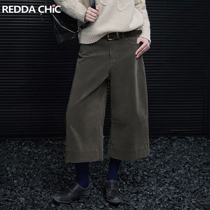 

REDDACHIC Olive Green Suede Baggy Jeans Jorts Men Shorts Autumn Winter Pockets Solid Wide Leg Bermuda Pants Vintage Y2k Clothes