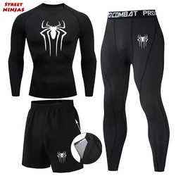 Athletic 3 Pieces Compression Sets for Men Graphic Print Gym Running Workout Fitness Kit Base Layer Undershirt Tops Pants Shorts