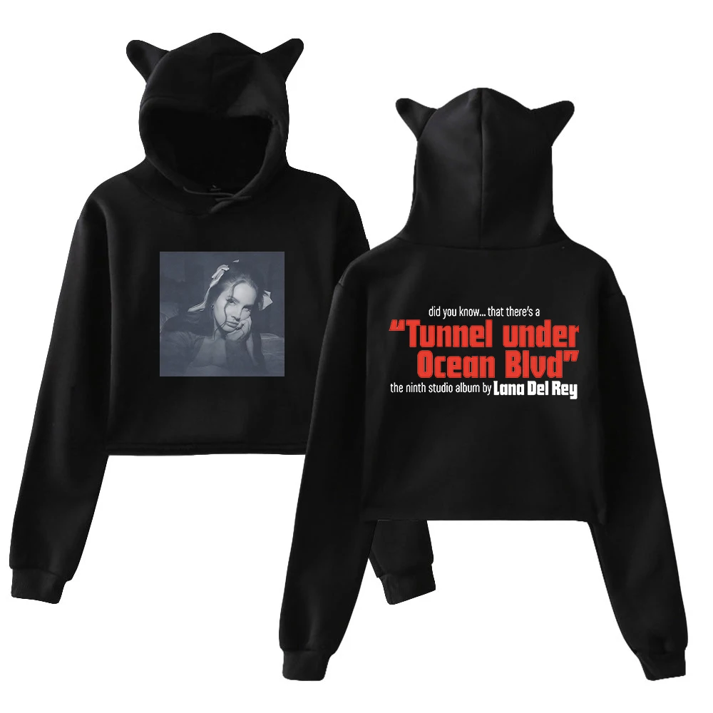 

Lana Del Rey Tunnel Under Ocean Blvd Pullover Cat Ears Hoodie Long Sleeve Female Crop Top 2023 New Album Merch Women's Clothes