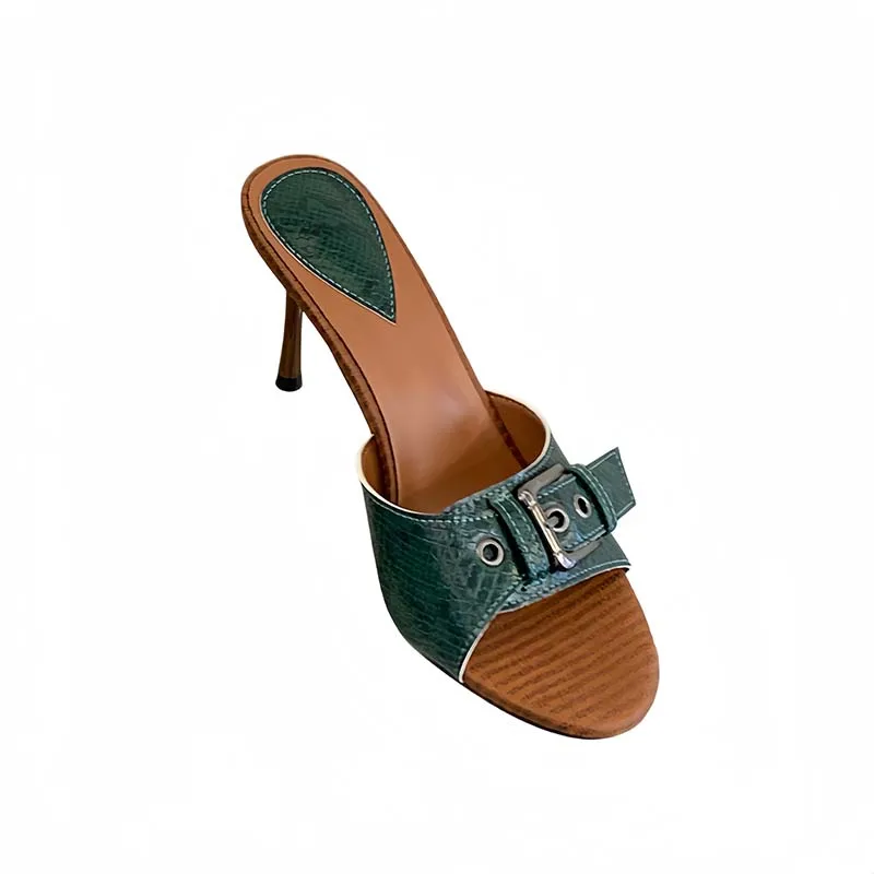 Sandalias de tacón plateadas para mujer, color verde, con hebilla, tacón de aguja de 9 cm, sandalias de verano, zapatos de moda 2026, novedad.