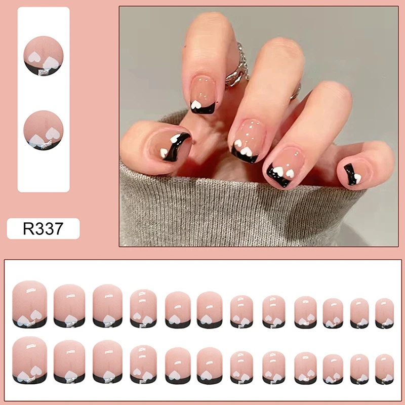 Short Press On Nails French Style Heart Print Salon Finger Toes DIY