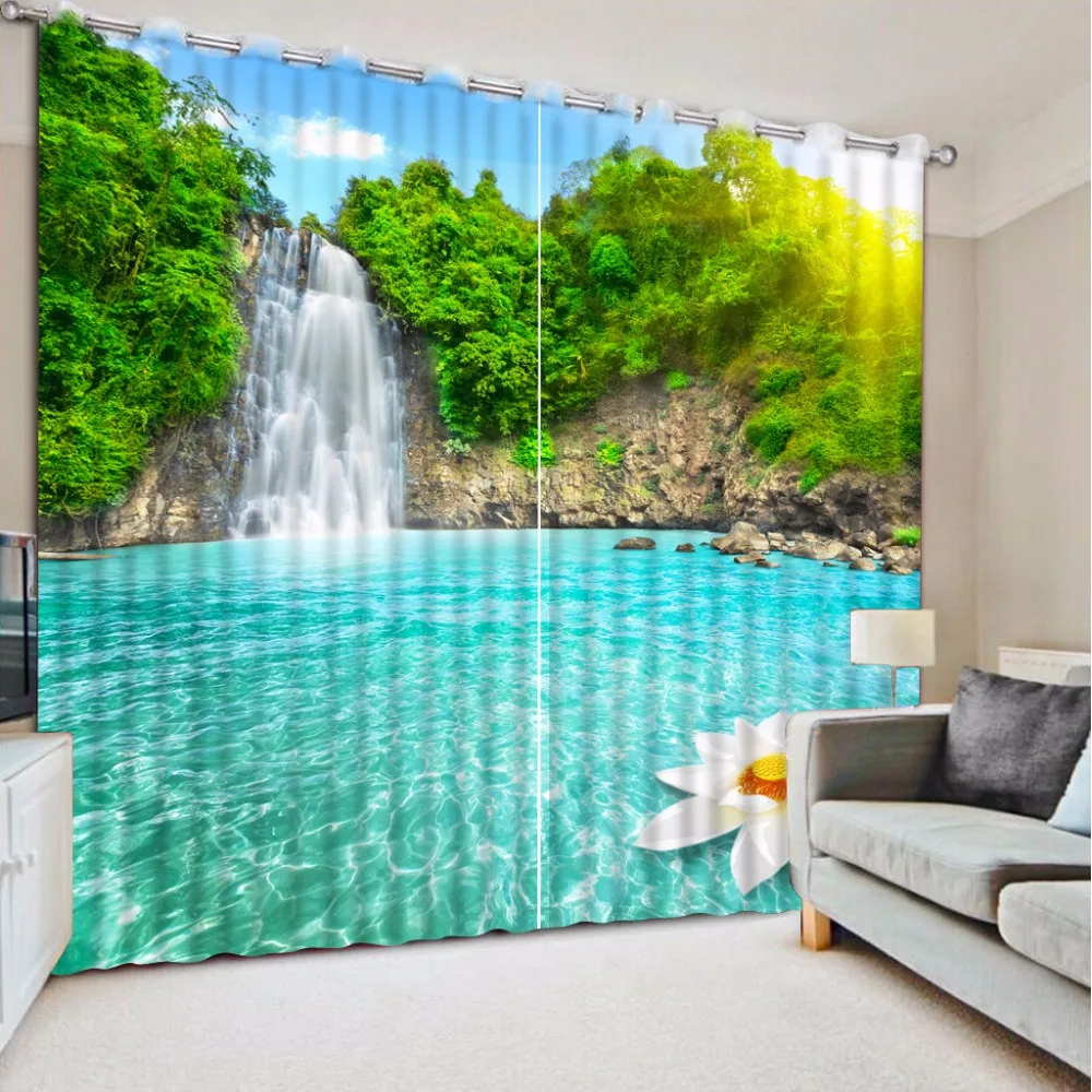 3D Curtain Fashion Blue Lake Waterfall Curtains For Bedroom Custom Any Size 3D Curtain Blackout Curtain Living Room