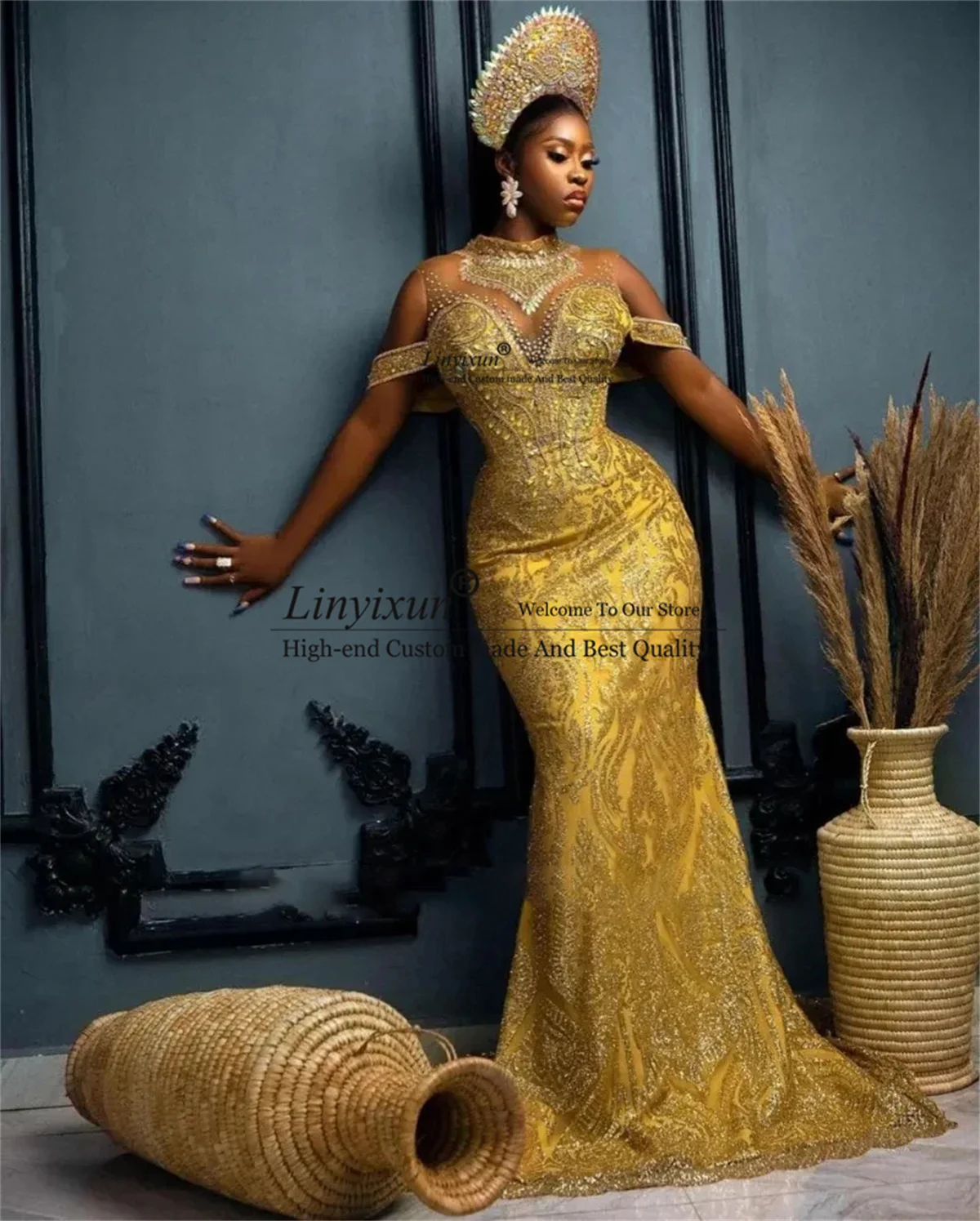 Aso Ebi Gold Prom Dresses Sequin Lace Crystals Mermaid Prom Dress For Women High Neck African Black Girls Formal Party Dresses