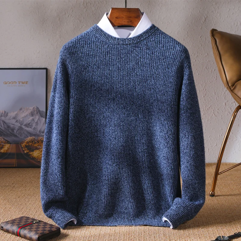 New Autumn Winter Thick Sweater Men\'s Round Neck Knitted Pullover 100% Merino Wool Floral Yarn Large Size Long Sleeved Menswear