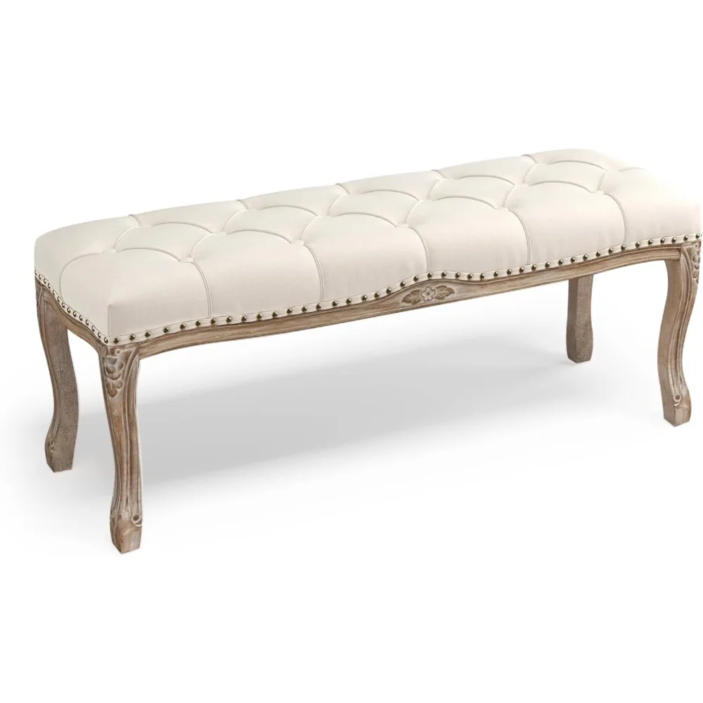 French Vintage Tufted Entryway Bench, Carving Upholstered End of Bed Bench with Distressed Wood Legs, Linen Ottoman Bench Seat