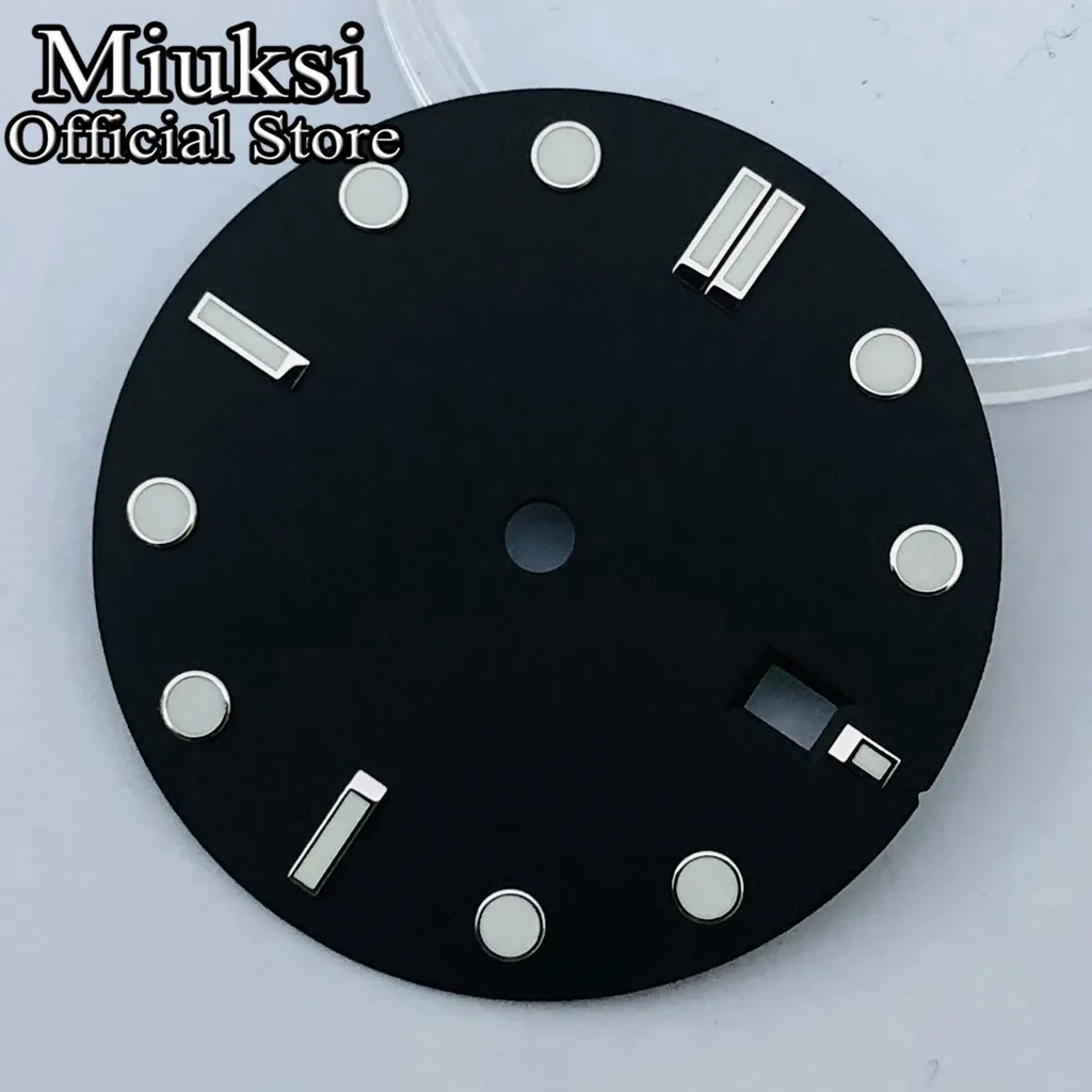 Miuksi 32mm black blue green white sterile watch dial luminous fit NH34 NH35 movement fit 3/3.8 o'clock crown