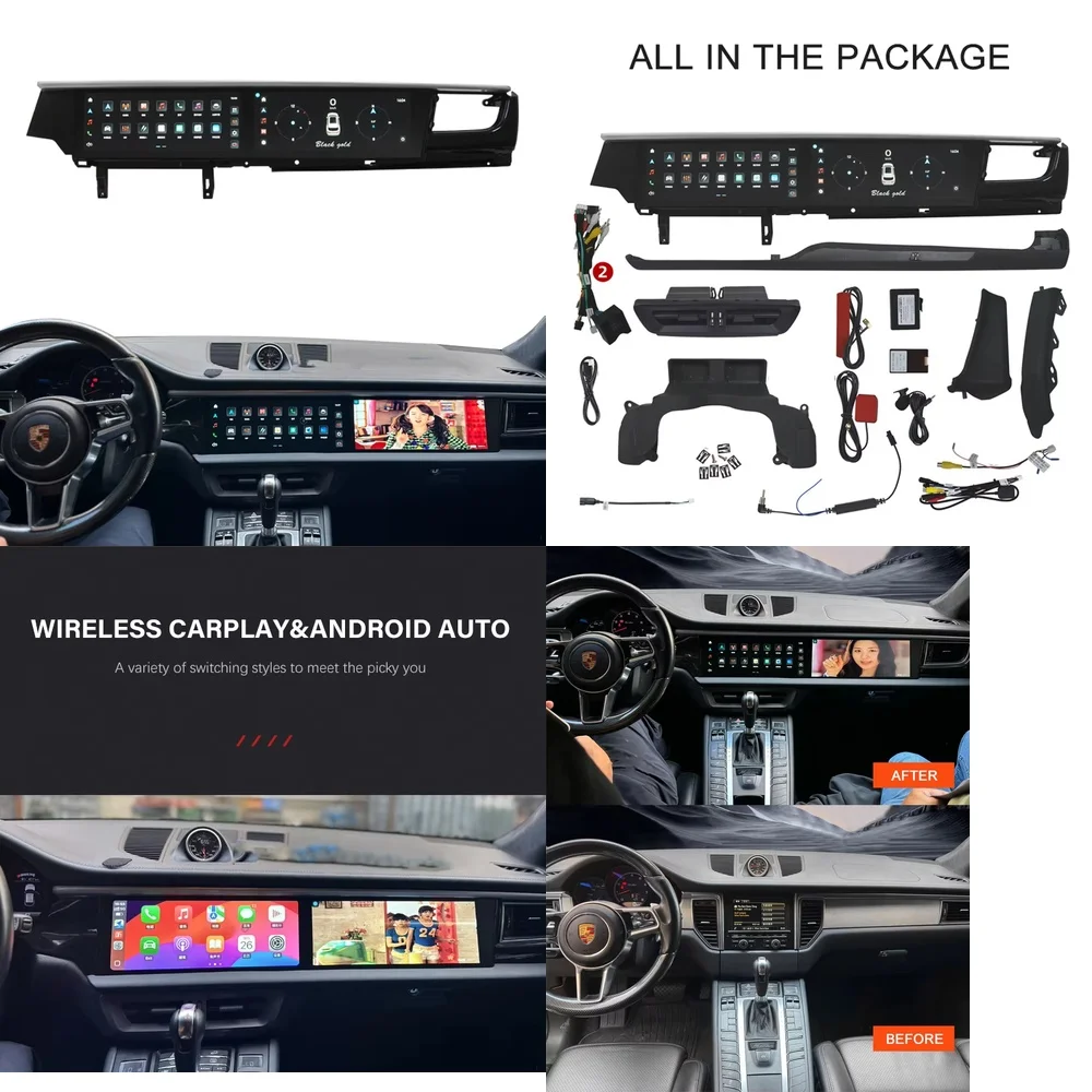 

Для Macan 2014-2016: 12,3-дюймовое двухэкранное головное устройство на Android 13 с GPS-навигацией, CarPlay и Android Auto