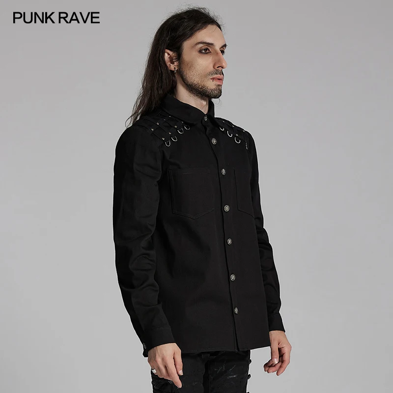 PUNK RAVE Men's Dark Punk Handsome Personalized Shoulders Webbings Woven Shirt Fashionable Tops Men Clothing