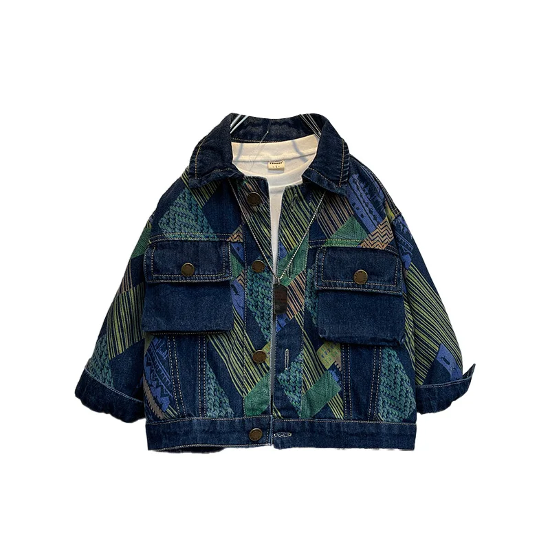 

Fashionable Children's Denim Jacket with Colorful Geometric Patterns, Complex Mixed Color Stripes, Button Closure for Daily Wear