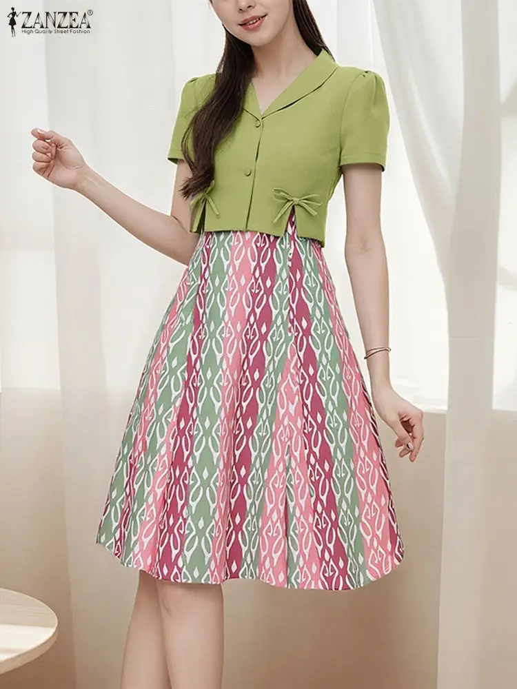 ZANZEA-vestido Vintage de verano para mujer, vestido elegante de oficina para mujer, vestido veraniego de moda 2025, Vestidos de vacaciones con estampado de lazo de manga corta