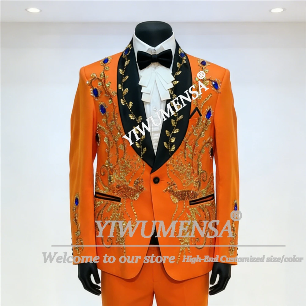 

Мужской костюм с блестящими камнями и бисером, черный пиджак с шалью и лацканами, наряды для выпускного вечера, индивидуальные комплект из трех предметов, свадебные смокинги для жениха 2026