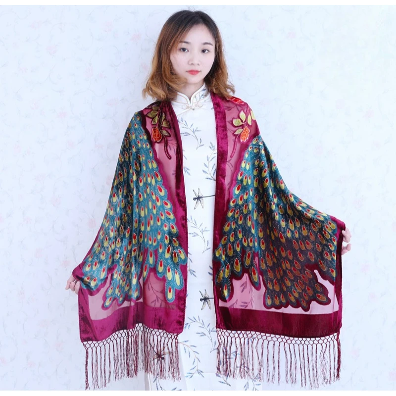 Hot Sale Black Chinese Women\'s Velvet Silk Shawl Scarf Wrap Scarves Peafowl WS006-C