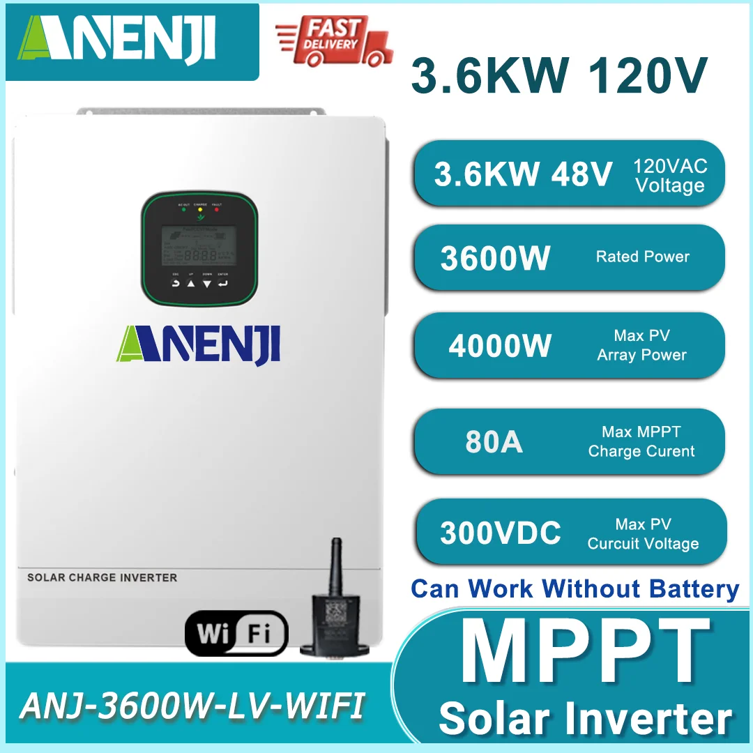 3.6KW 48V DC to 120V AC On/Off-Grid Hybrid Inverter 80A MPPT Solar Charge Controller with WiFi Fit LiFePo4 Battery