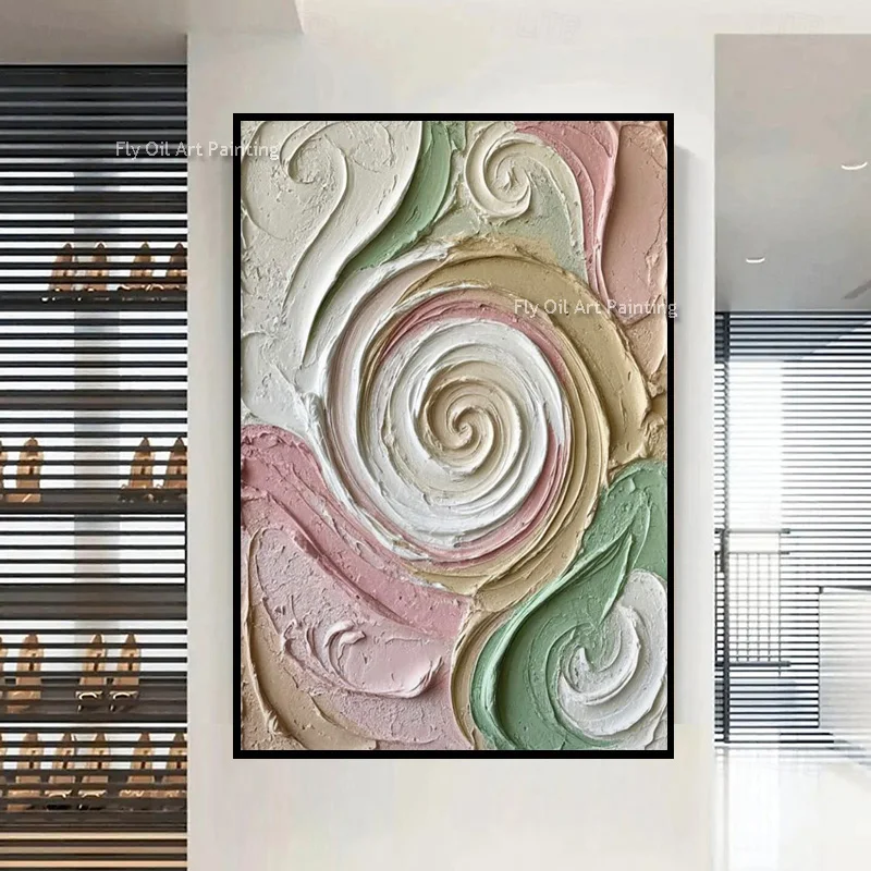 Palette Knife Handmade Abstract Swirl Canvas Art, Neutral Pastel Heavy Texture Wall Painting for Home Decoration