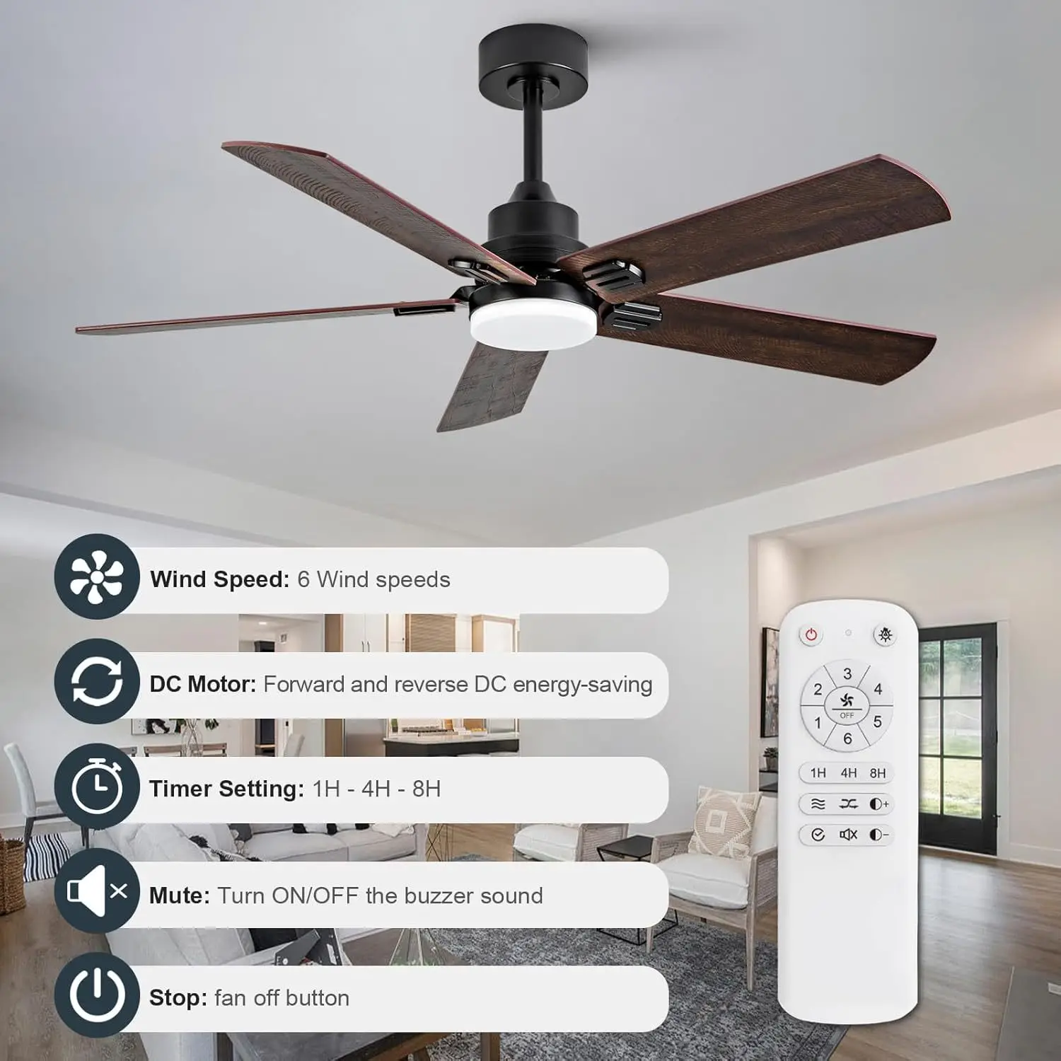 52-inch LED-lit wooden fan blades with 6-speed DC motor, reversible remote control ceiling fan for living room and bedroom
