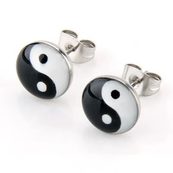 PAIR round pin symbol Yin and 10mm earrings