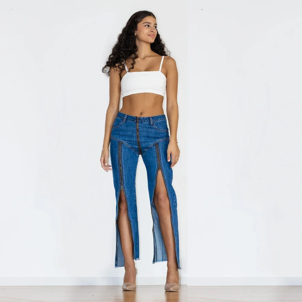 Shascullfites Damen Slim Fit Straight Jeans mit mehreren Reißverschlüssen, hohe Taille, Club-Tanz-Denim-Hose – Detail 15