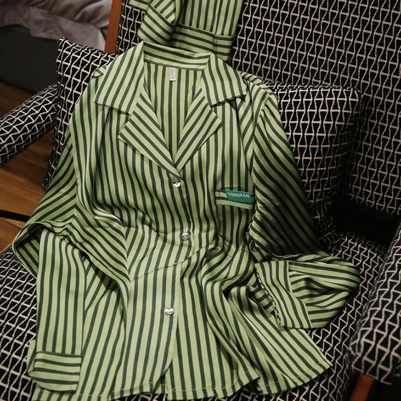 

Spring Summer New Female Pajamas 2PCS Set Nightwear Green Stripe Long Sleeve Trouser Suits Loungewear Loose Casual Home Clothes