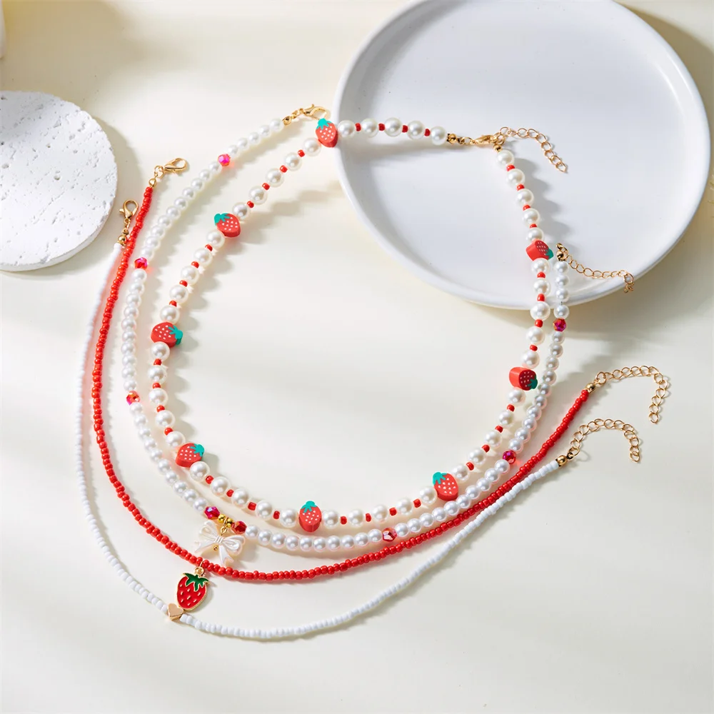 New Bohemian Strawberry Necklace Simple Summer Women'S Rice Bead Bracelet Fashionable Jewelry Stackable Vacation Accessories