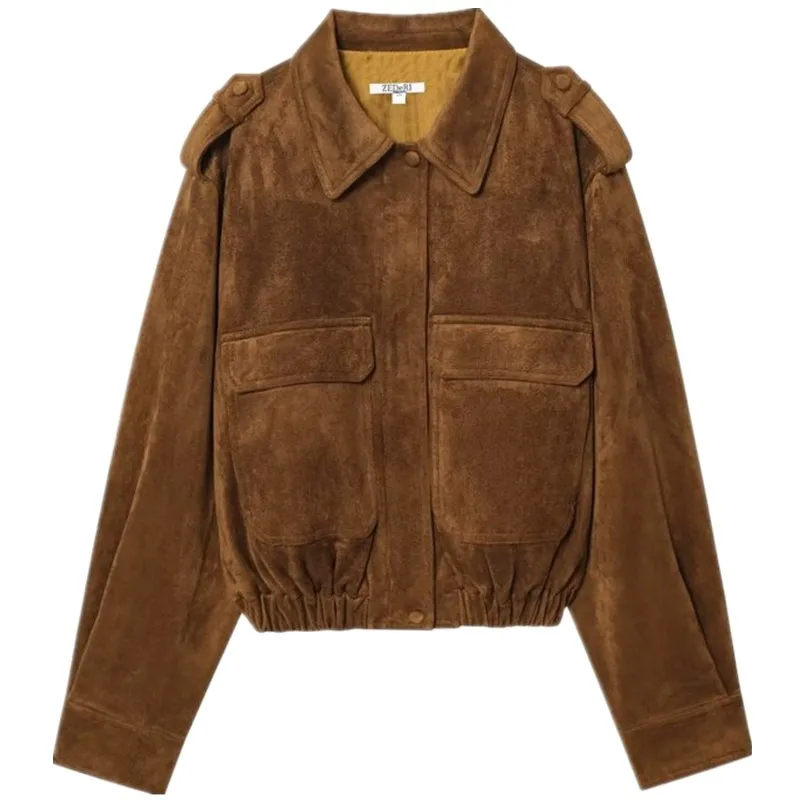 ملابس خارجية نسائية من Retro Sle مصنوعة من الجلد المخملي ملابس عمل Jaet متعددة الاستخدامات لخريف 2025 UWG50074 معطف ort للسيدات