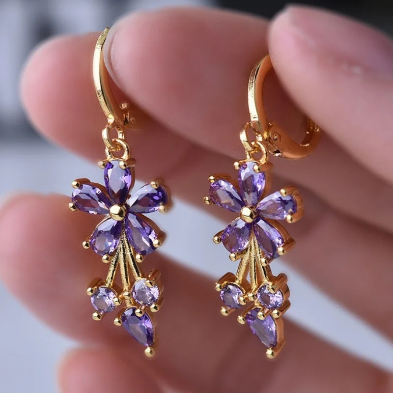 Luxury Gold Color Flower Shape Women Drop Earrings Inlaid Shiny Multicolour Cubic Zirconia Top Quality Fashion Banquet Jewelry