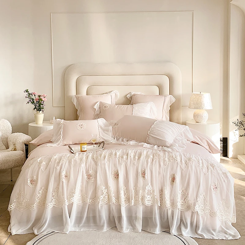 4Pcs Romantic French Lace Ruffles Princess Wedding Bedding Set 1000TC Egyptian Cotton 1 Duvet Cover, 1 Bed Sheet, 2 Pillowcases