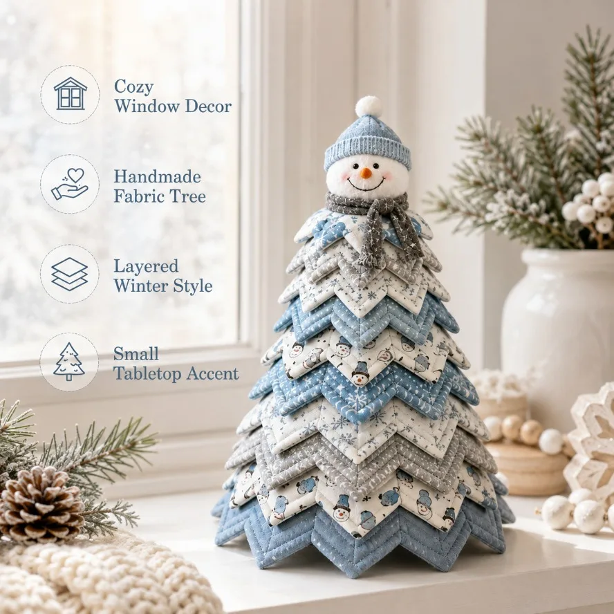 Snowman Christmas Tree Quilting Kit, 3D Handmade Blue And Fabric Desktop Tree with Snowman Tree Top Decoration, Layered Winter Patchwork Sewing Craft, Suitable for Adults
