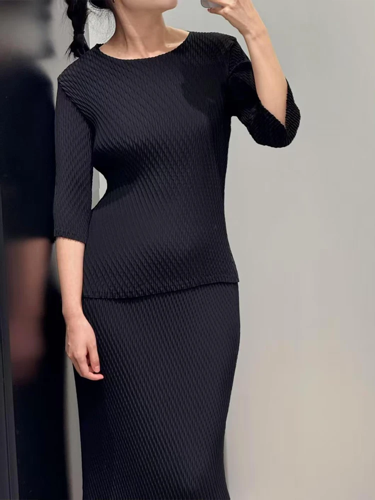 

Casual Home Wear Pleated Slim Fit Seven Sve Pure Color Tight Body Top And f Skirt Set Summer Faion Women's Suit