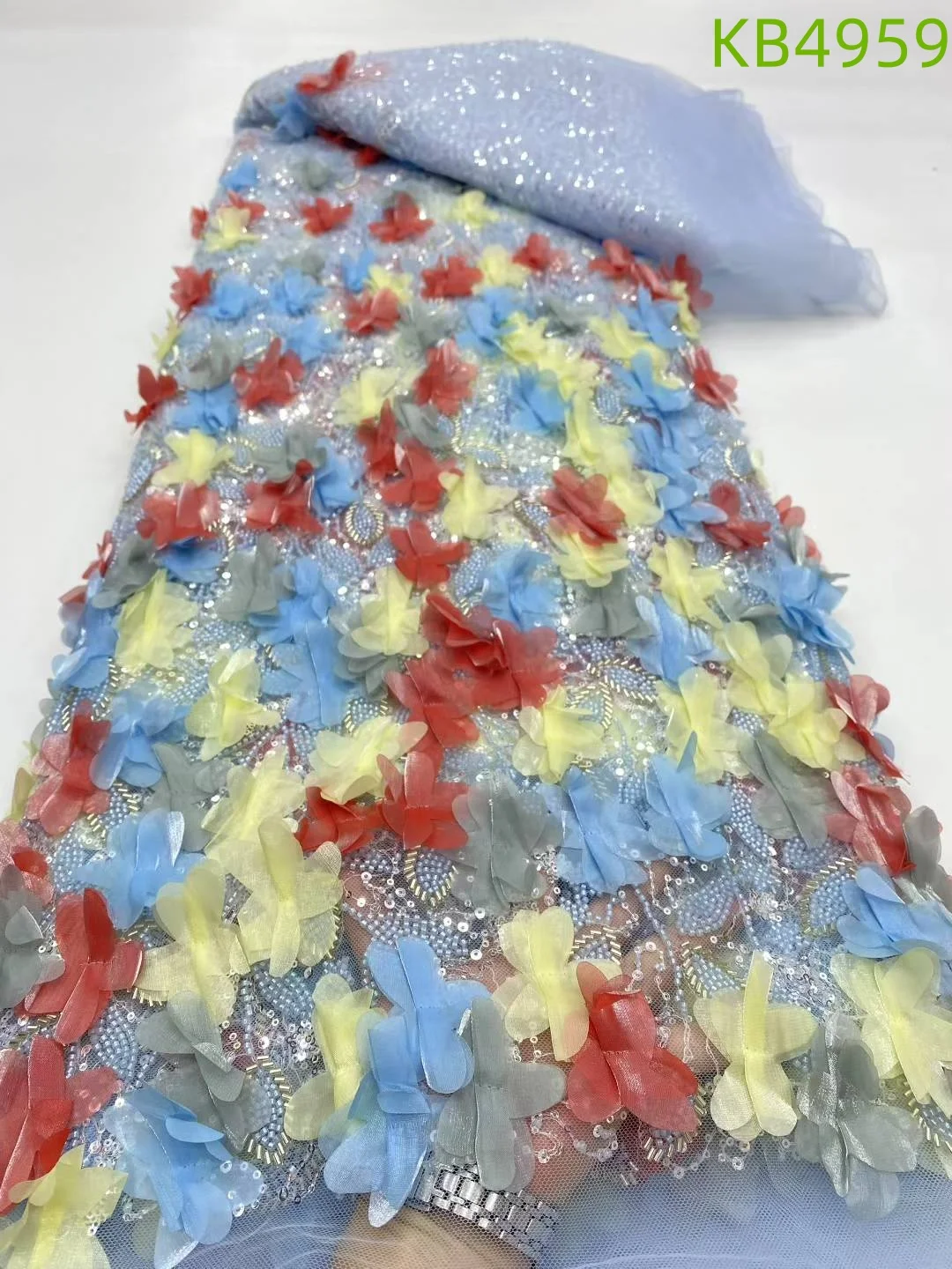 Tela de encaje africano 5 yardas de alta calidad 2025 tela de encaje de flores 3D rosa tela de encaje con cuentas para vestido de fiesta de boda KB4959