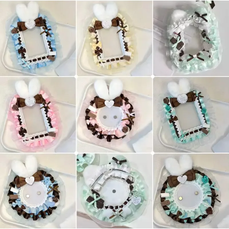 Cute Bunny Ear Photo Card Holder DIY Mint Candy Lace Bow Badge Base Kawaii Lolita Portable Itabag Inner Decor Photocard Case view 2