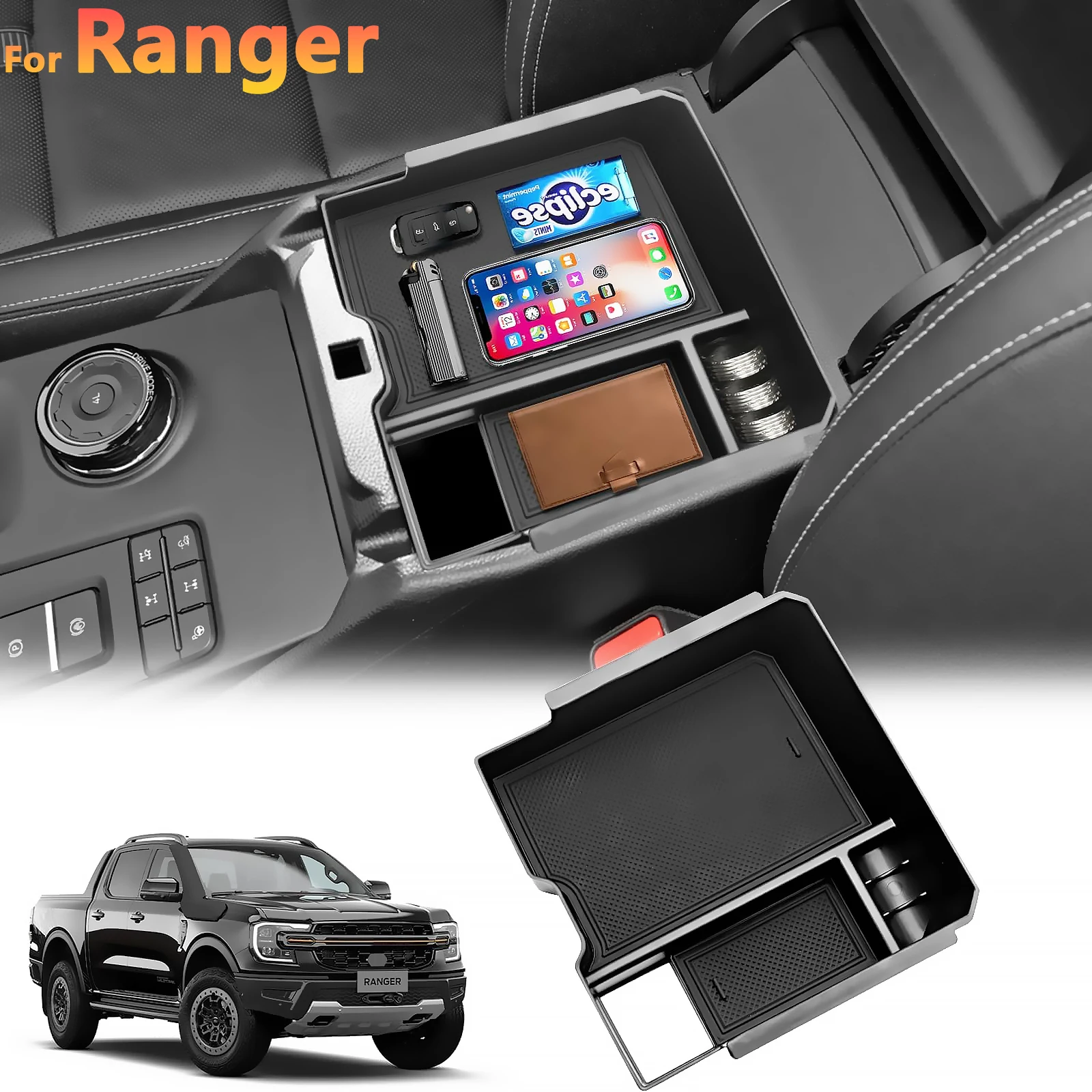 For Ford Ranger 2019 2020 2021-2025 Center Console Organizer Tray Armrest Storage Box Layered Storage Box Interior Accessories