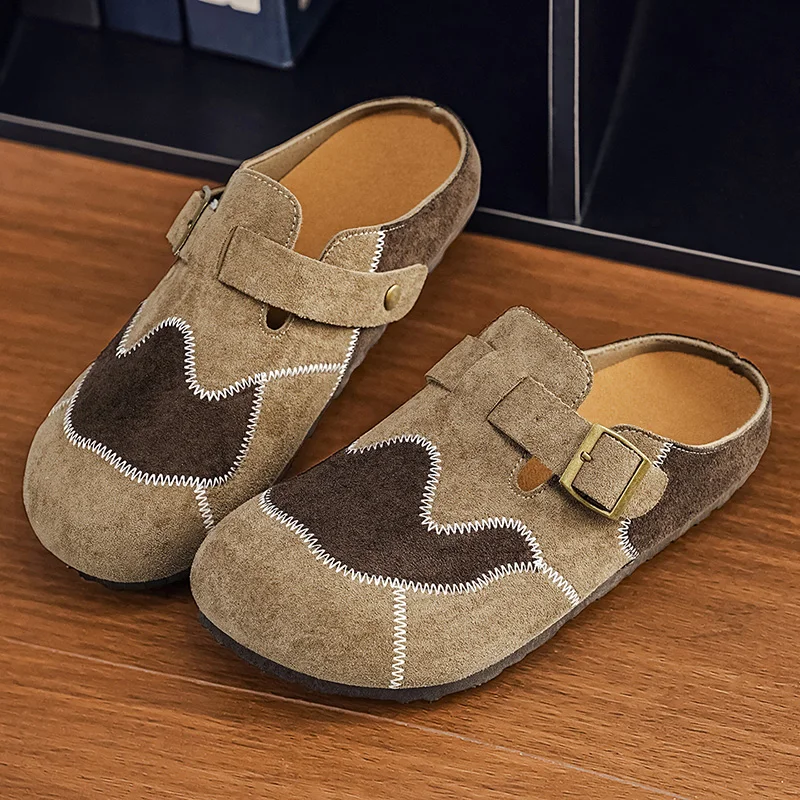 Retro Color-Blocking Fashion Versatile Mules for Men, Open-Back Closed-Toe Sandals, Soft-Soled Comfortable Casual Half-Slippers for Daily Wear
