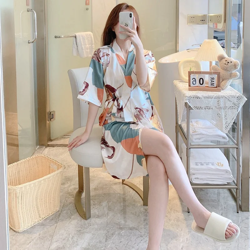 New Ladies Silk Pyjamas Homewear Female Summer Bathrobe Ice Silk Clothing Robe Nightgowns Light Luxury In Short-Sleeved Homewear