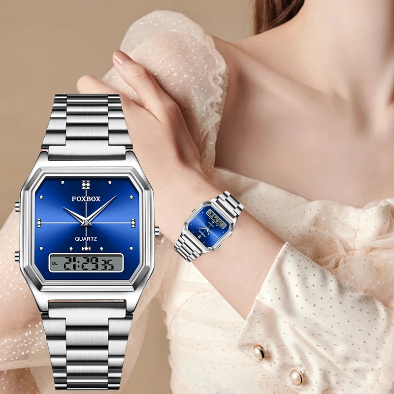 

Элегантные цифровые женские часы FOXBOX: классические, из нержавеющей стали, люксовые, деловые, светящиеся, водонепроницаемые, электронные наручные часы для женщин