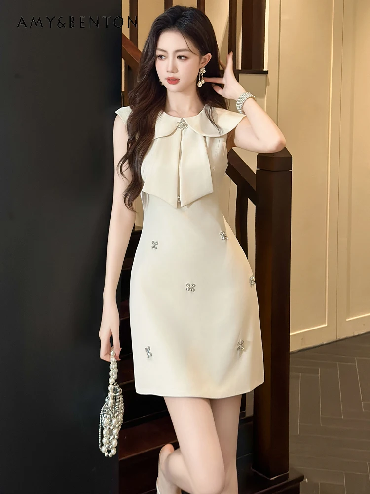 

European Station Princess Dress Women Summer Socialite Cute Doll Collar Beaded Slim Mini Dress All-Match Graceful A-line Dress