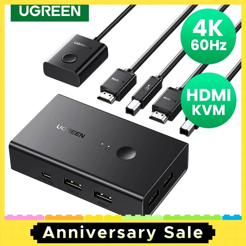 UGREEN HDMI-compatible KVM Switch 4K@60Hz USB 2.0 Switcher  for Printer Monitor Mouse 2 PCs Sharing 1 Device with HDMI Cables