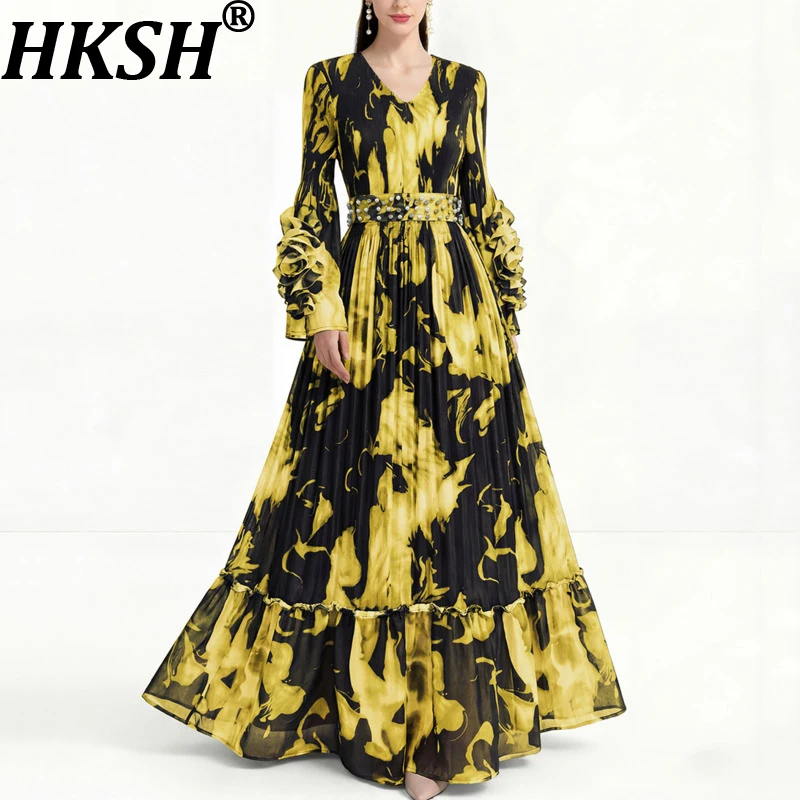 

Женское платье HKSH с принтом, V-образным вырезом, длинными рукавами, плиссированной талией, стройнящее, элегантное, шикарное. Новинка весна-лето 2026 HK19146