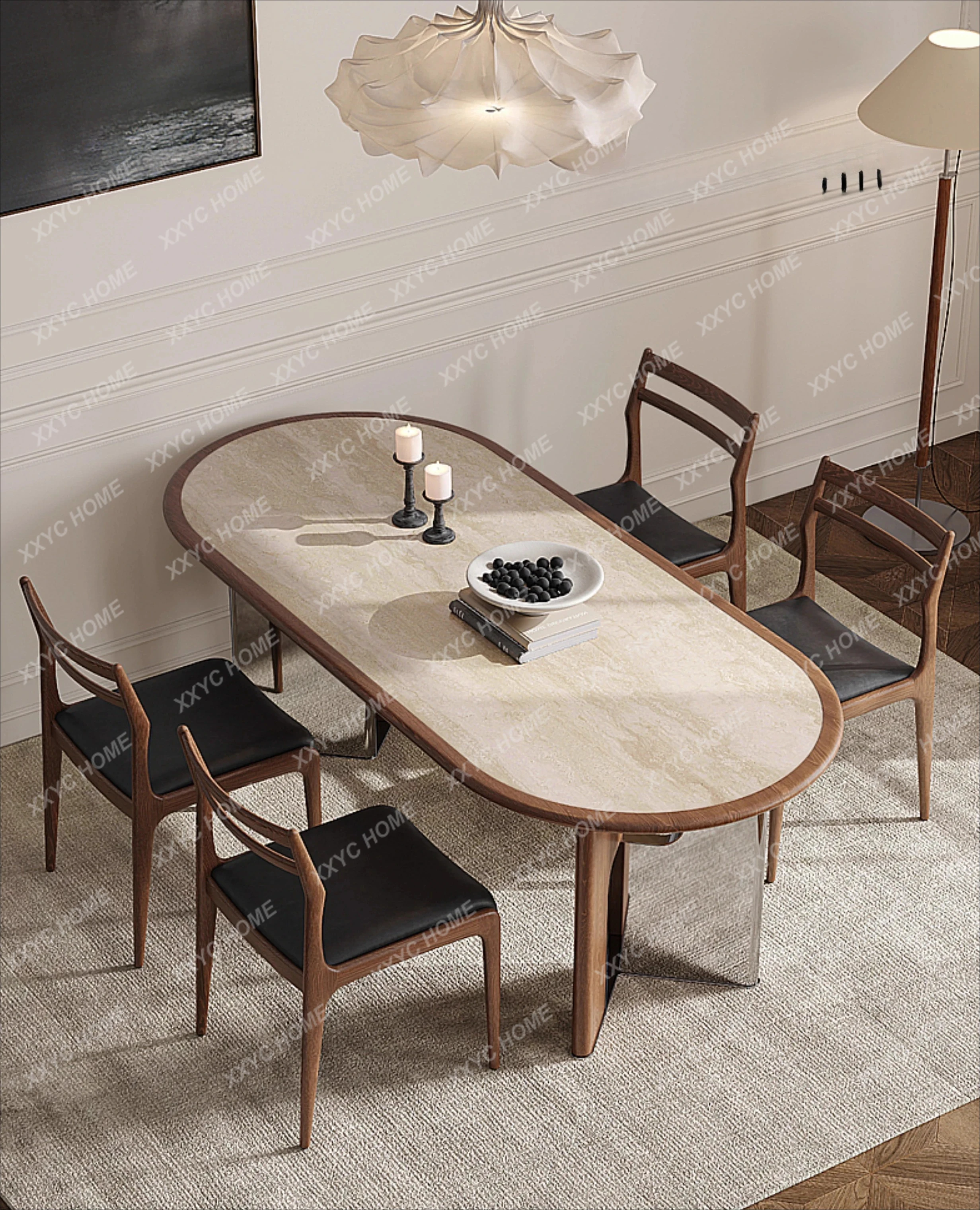 

Y French retro travertine rock slab dining table oval solid wood dining table antique designer dining table