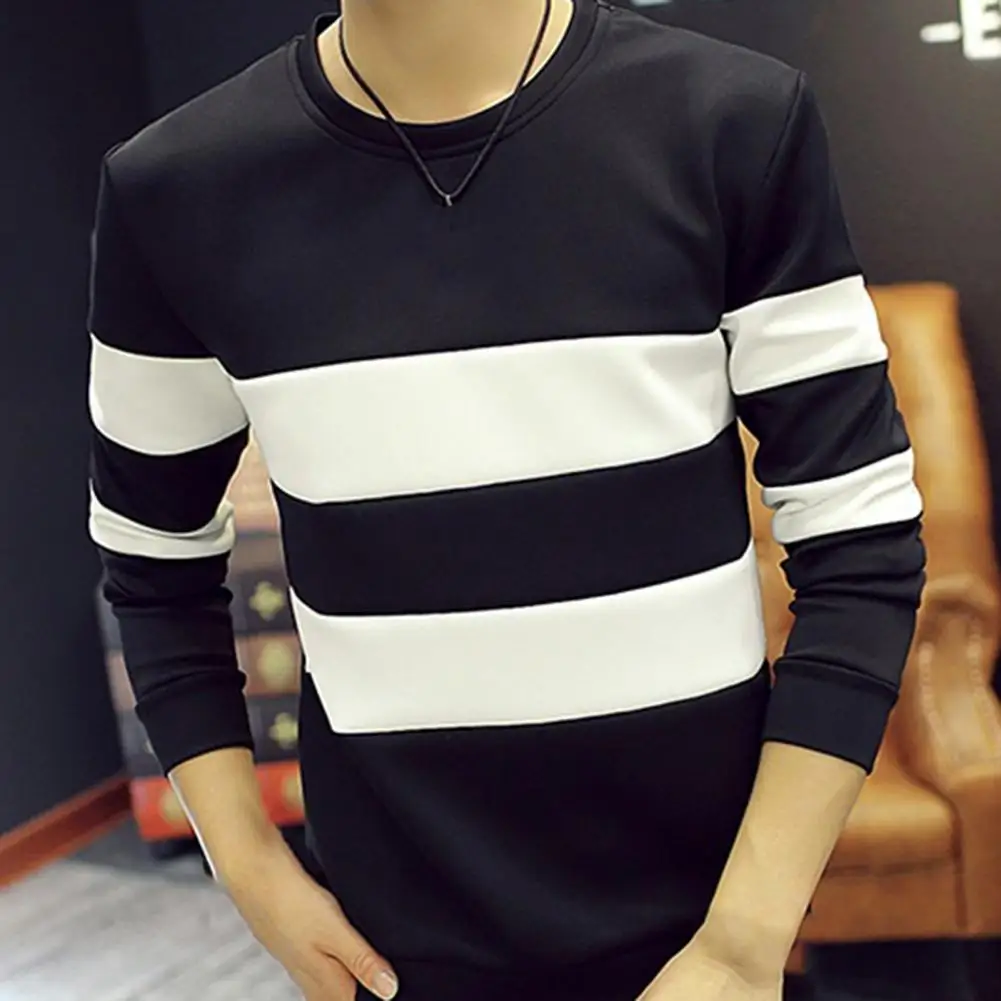 Men Sweatshirt Men's Patchwork Striped Crew Neck Sweatshirt Long Sleeve Pullover Tops for Autumn Slim Fit Breathable Design