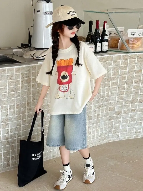

Girls Summer ort Sve T-irt Set Casual Denim Mid-Length Pants Two-Piece Suit Korean Sle Children's Clothing Cotton Fa...