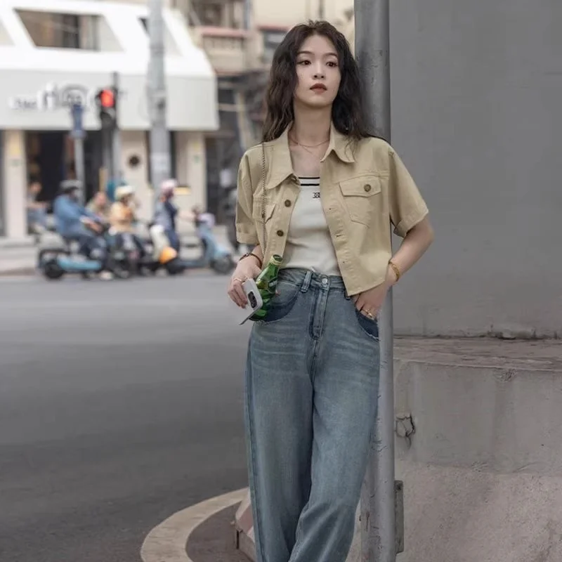 Fashion Y2K 2026 Summer Retro Hong Kong Style Short Sleeve Shirt Jacket Women Vintage Denim Lightweight Workwear Top J029