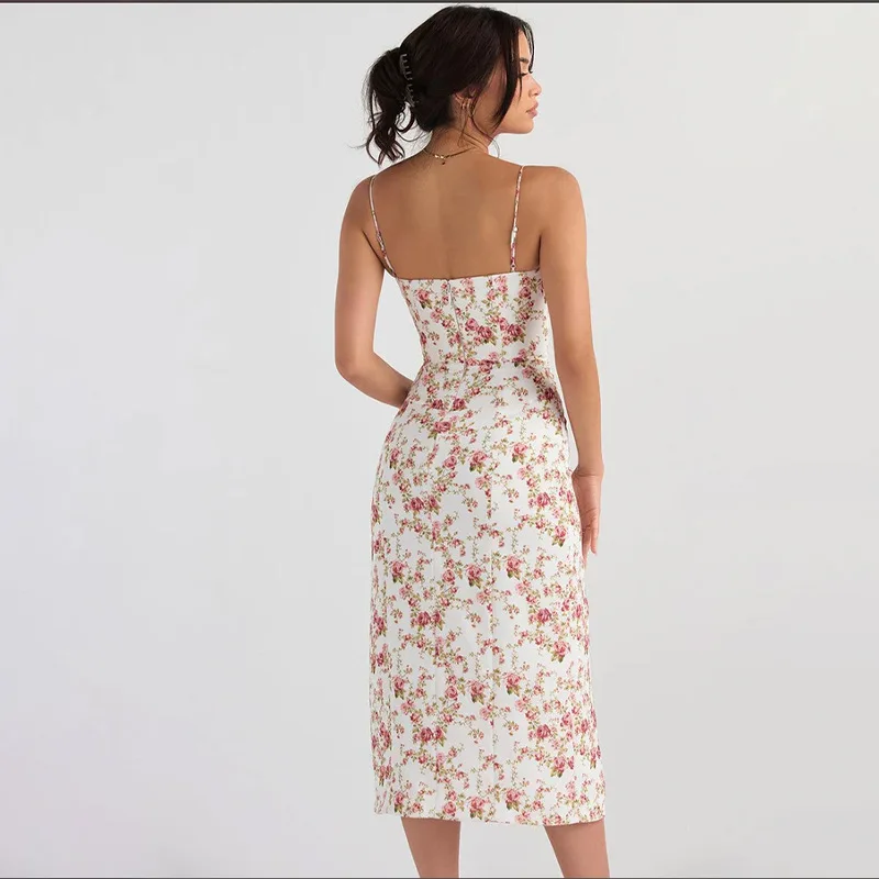 Abbigliamento femminile Abiti da donna 2025 Nuove donne Sexy Slim Bretella con spacco in pizzo Top a tubo Piccolo abito floreale Abiti da festa eleganti