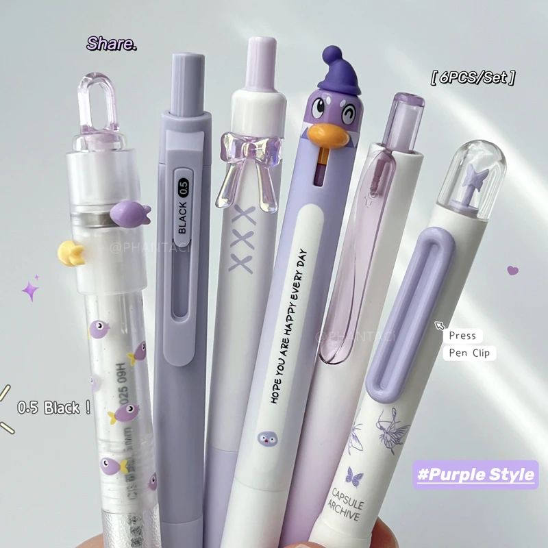 Conjunto de 6 Canetas Gel Estilo Roxo 0.5mm, Caneta Preta de Secagem Rápida, Caneta Gel com Design de Peixe, Borboleta e Pinguim, Caneta de Escrita Suave, Material de Escritório