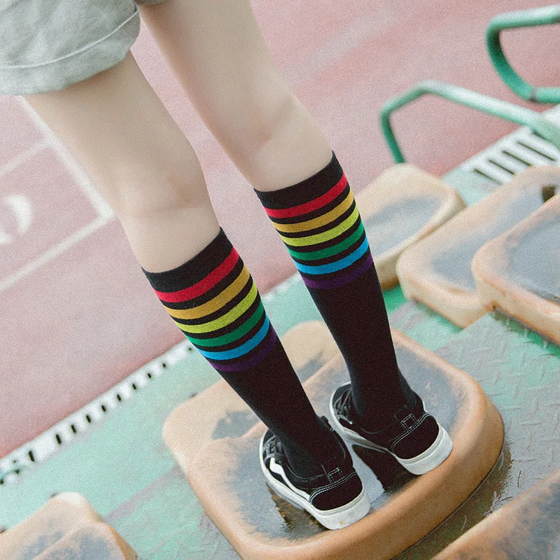 

Lolita Rainbow Strip High Tube Cotton Socks Lolita style spring/summer Socks JK Girls Knee High Striped Stockings Long stocking#