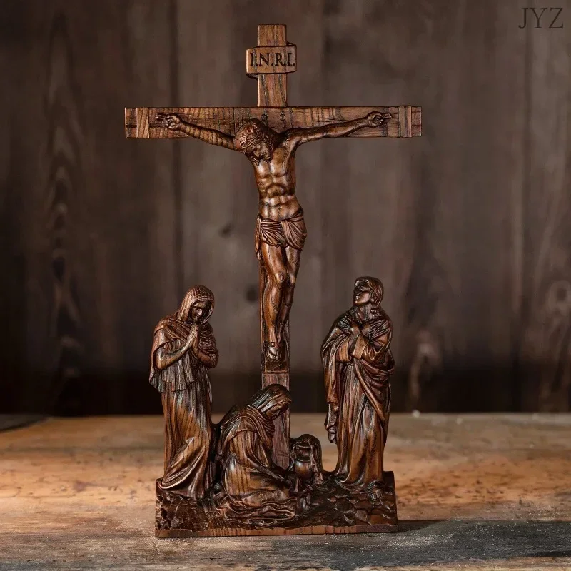

Vintage Icon Crosses Religions Jesus Solid Wood Cameo Crafts Desktop Decor Holy Statues