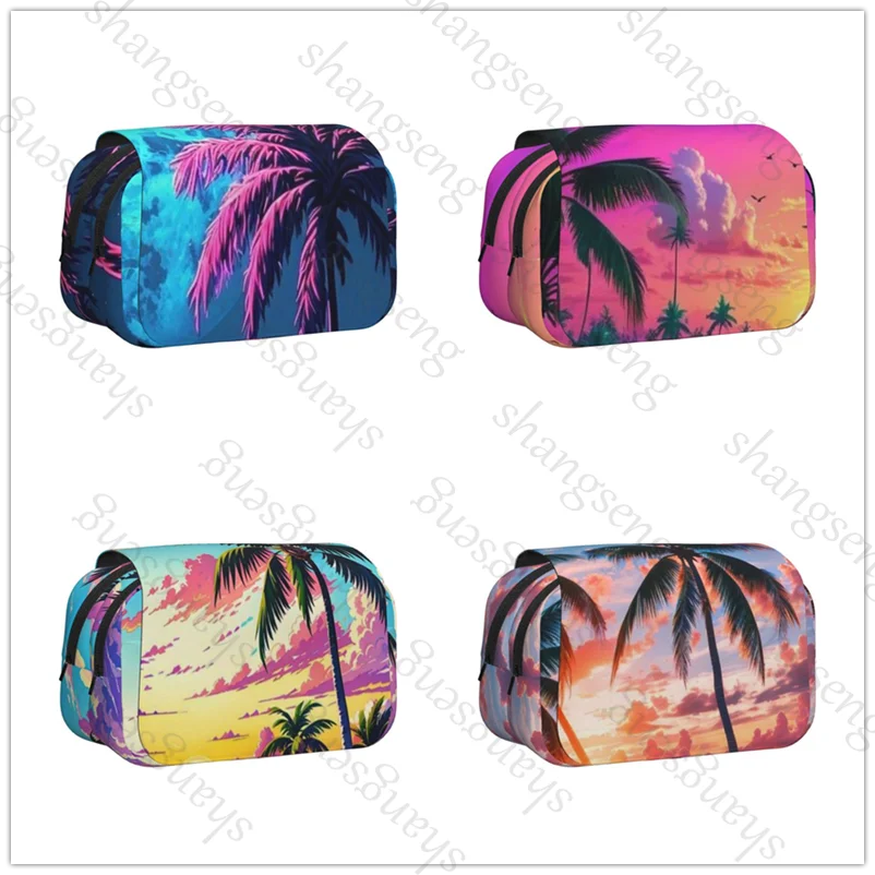 

Sunset Beach Coconut Trees Double Layer Flip Pencil Bag School Supplies Children's Pencil Box Storage Cosmetic Bag Gift